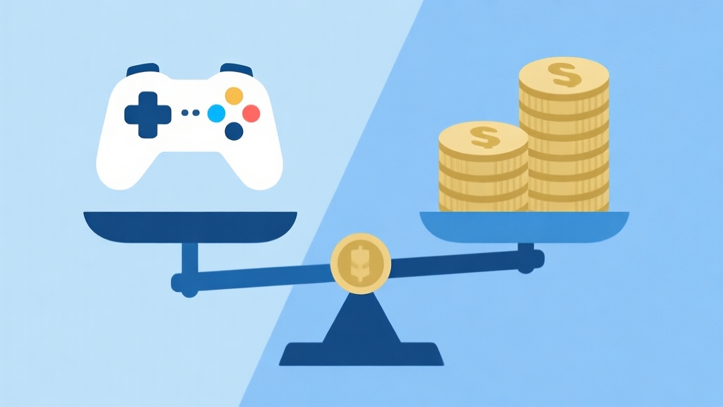 A minimalist illustration of a scale balancing game controller icons on one side and coin stacks on the other, soft blue and gold color scheme, clean geometric design, representing value comparison high quality illustration, detailed, 16:9