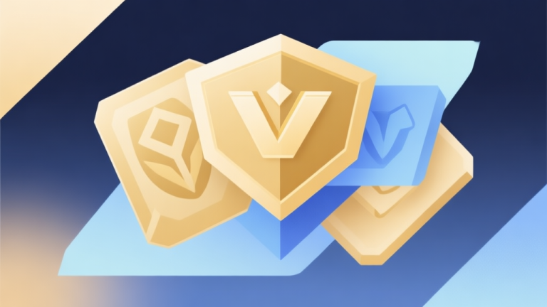 自动生成图片: Abstract geometric composition with overlapping shapes representing game rewards and VIP status, soft gold and blue pastel colors, modern minimal style, professional gaming concept illustration high quality illustration, detailed, 16:9