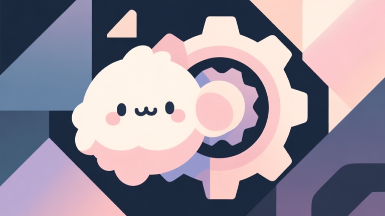 自动生成图片: Abstract geometric composition with overlapping shapes representing a cute Fluffball transforming into a powerful gear, soft pastel colors, modern minimal style, professional game concept illustration high quality illustration, detailed, 16:9