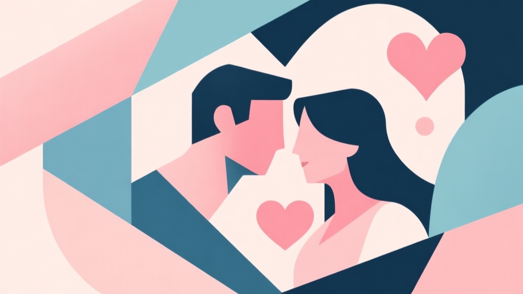 Abstract geometric composition with overlapping shapes representing friendship, romance, and drama, soft pastel colors, modern minimal style, professional concept illustration high quality illustration, detailed, 16:9