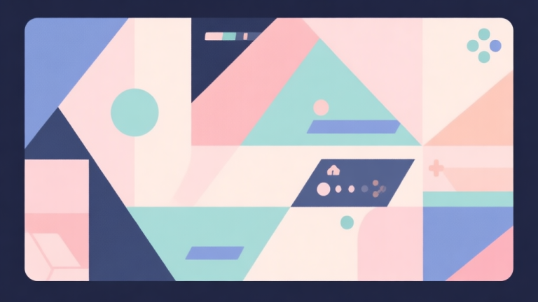 自动生成图片: Abstract geometric composition with overlapping shapes representing story and gameplay, soft pastel colors, modern minimal style, professional game design concept illustration high quality illustration, detailed, 16:9