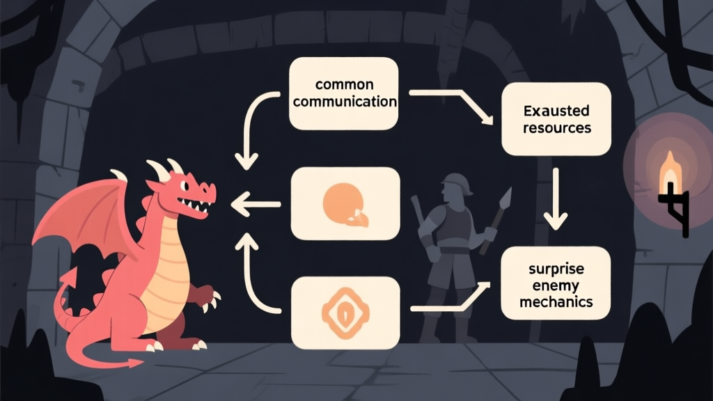 Simple flowchart illustration showing a party of adventurers facing a dragon, with arrows pointing to common failure points like broken communication, exhausted resources, and surprise enemy mechanics, in a minimalist dark dungeon style with soft highlights high quality illustration, detailed, 16:9
