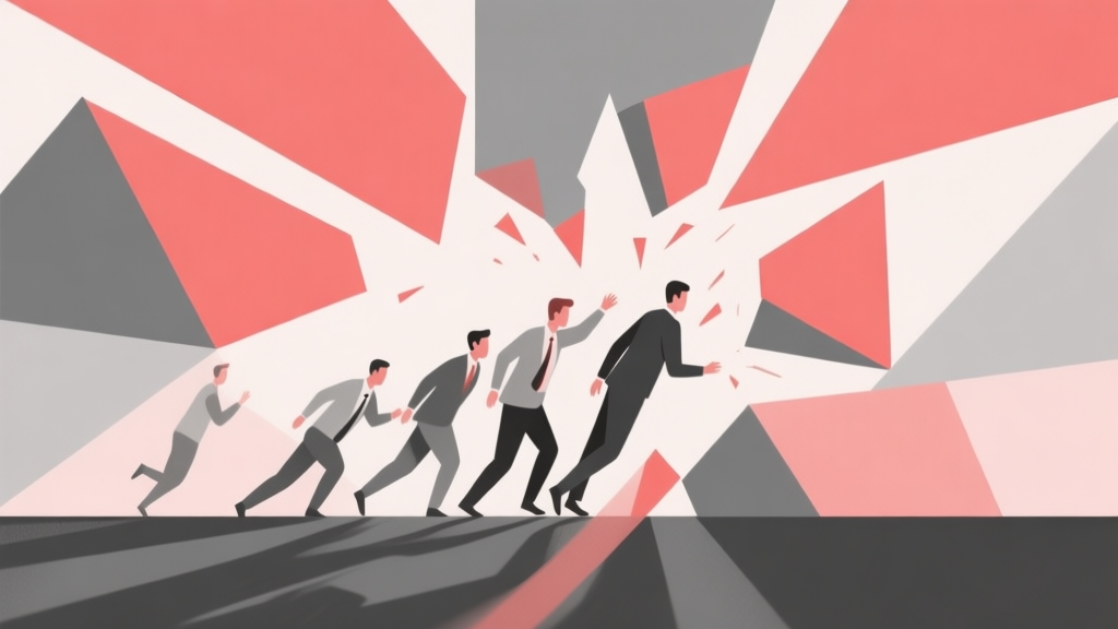 Abstract geometric composition with overlapping shapes representing a team falling apart, soft red and gray color scheme, modern minimal style, professional failure analysis concept illustration high quality illustration, detailed, 16:9