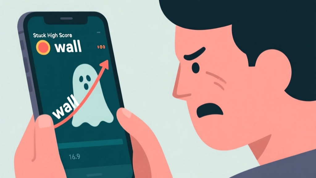 A frustrated gamer looking at a mobile screen showing a stuck high score, with a ghostly "wall" graphic blocking a rising score line, in a minimalist flat design with muted colors high quality illustration, detailed, 16:9