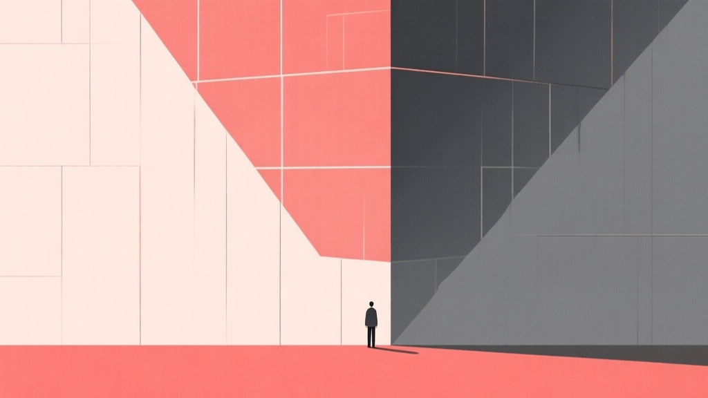 Abstract geometric composition representing a steep, insurmountable wall with a tiny figure at the bottom, soft red and grey color scheme, modern minimal style, professional difficulty concept illustration high quality illustration, detailed, 16:9