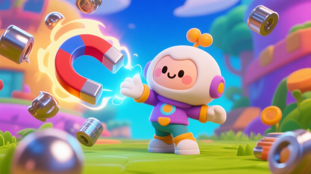 A cute, stylized 3D character with magnetic powers, shown attracting metallic objects in a colorful game environment, cartoonish style, vibrant colors high quality illustration, detailed, 16:9