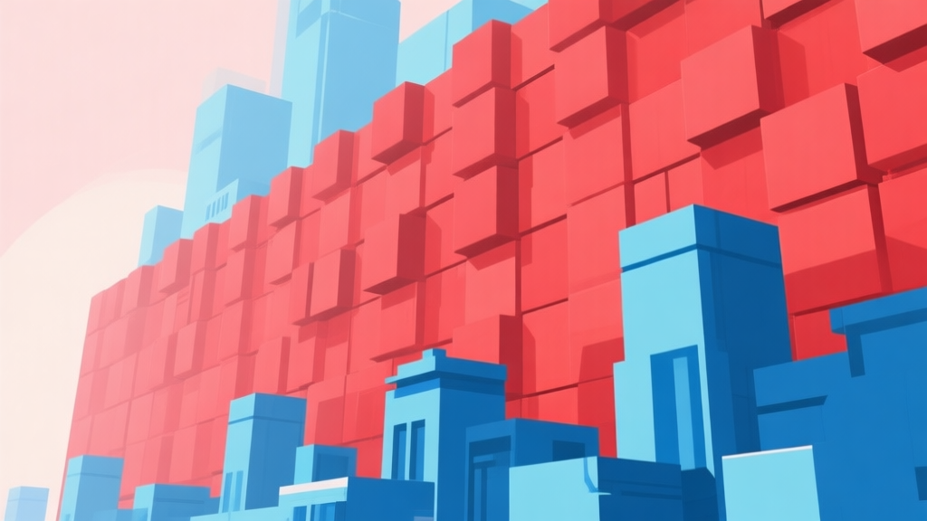 Abstract geometric composition showing a towering wall of red blocks overwhelming smaller blue structures, soft pastel colors, modern minimal style, professional gaming concept illustration high quality illustration, detailed, 16:9