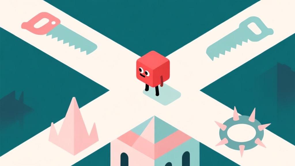 A minimalist illustration of a small red square character standing at a crossroads on a geometric tower, with simple icons representing traps like saws and spikes in soft pastel colors, clean lines, abstract game concept high quality illustration, detailed, 16:9