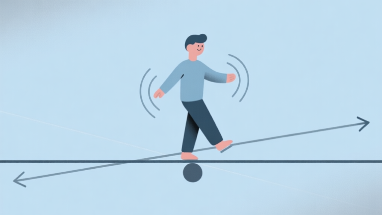 自动生成图片: A minimalist illustration of a character balancing on a thin line, with arrows indicating forces of momentum and balance, in a soft blue and grey color scheme, clean flat design high quality illustration, detailed, 16:9