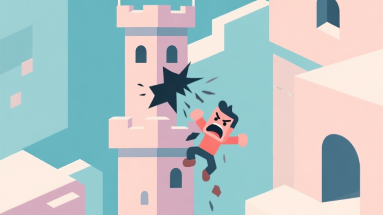 自动生成图片: Frustrated player character falling from a tower in a minimalist geometric game world, simple shapes, soft pastel colors, clean flat design, illustrating common gaming mistake high quality illustration, detailed, 16:9