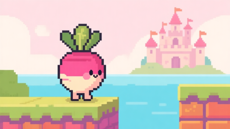 自动生成图片: A cute, pixel-art style radish character standing at the beginning of a colorful, simple platformer level, looking at a distant castle, soft pastel background, clean game illustration style high quality illustration, detailed, 16:9
