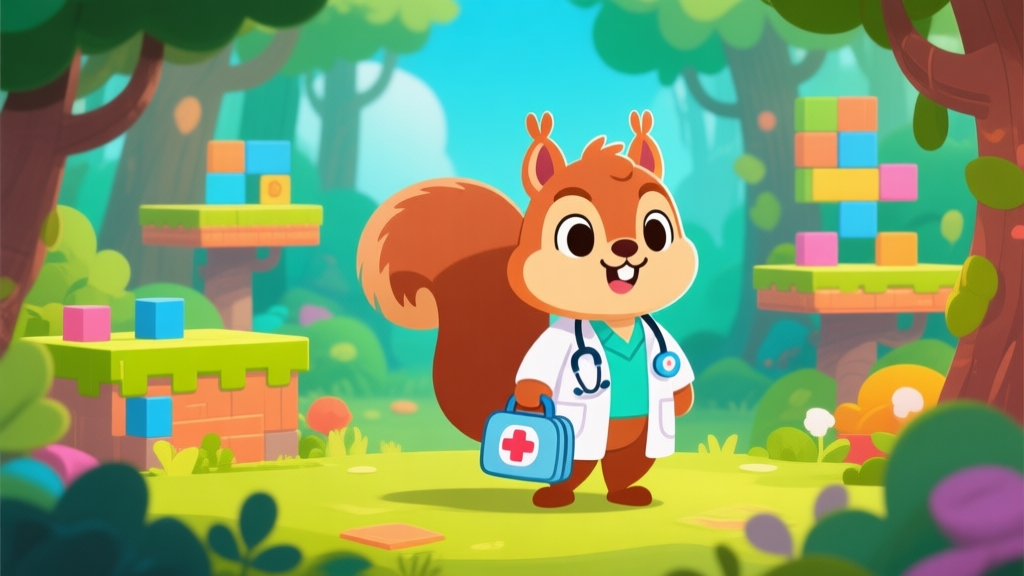A cute cartoon squirrel doctor character holding a medical bag, standing in a vibrant forest environment with platforms and puzzles in the background, bright and cheerful color palette, 2D game art style high quality illustration, detailed, 16:9