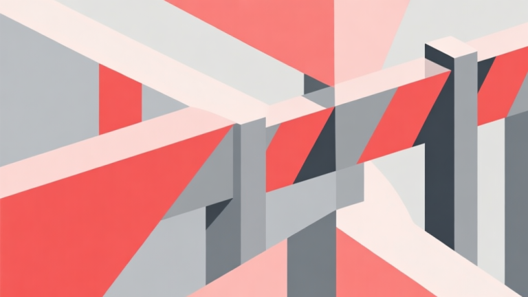 自动生成图片: Abstract geometric composition with overlapping shapes in red and grey, soft pastel colors, modern minimal style, professional business concept illustration of a barrier or obstacle high quality illustration, detailed, 16:9