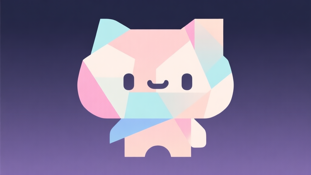 Abstract geometric composition with overlapping shapes forming a cute character silhouette, soft pastel colors, modern minimal style, gaming concept illustration high quality illustration, detailed, 16:9