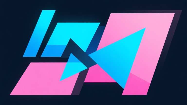 自动生成图片: Abstract geometric composition with overlapping shapes in neon blue and pink, soft dark background, modern minimal style, professional gaming concept illustration high quality illustration, detailed, 16:9