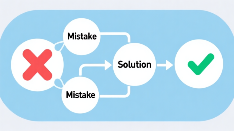 自动生成图片: Simple flowchart illustration with connected circles and arrows labeled "Mistake" leading to a red "X", then transforming into "Solution" leading to a green checkmark, light blue and white color scheme, clean minimal design high quality illustration, detailed, 16:9