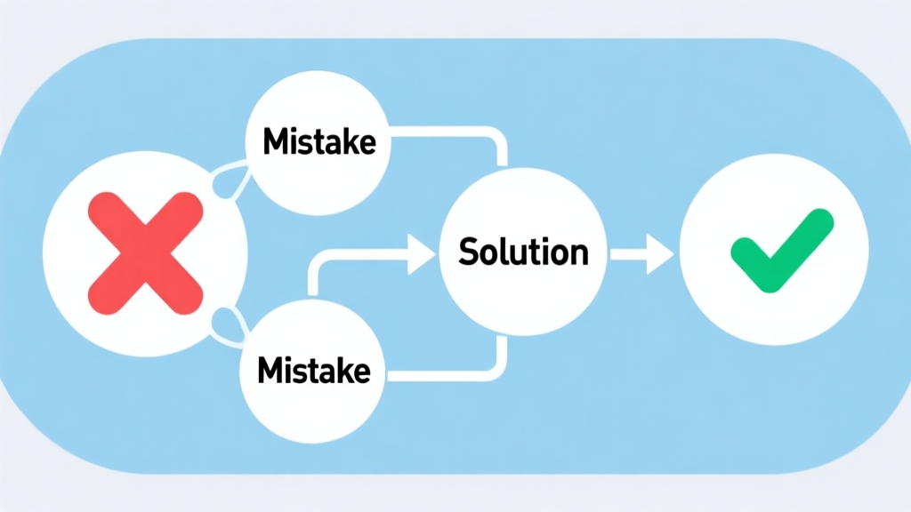 Simple flowchart illustration with connected circles and arrows labeled "Mistake" leading to a red "X", then transforming into "Solution" leading to a green checkmark, light blue and white color scheme, clean minimal design high quality illustration, detailed, 16:9