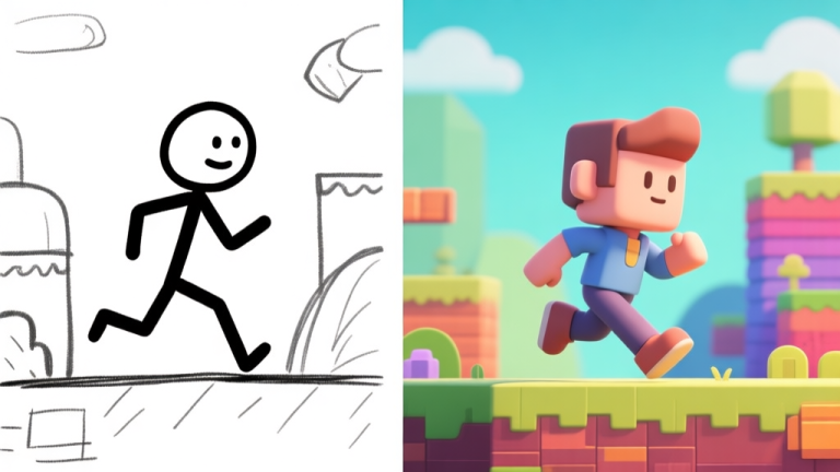 自动生成图片: Side-by-side comparison of a simple 2D stick figure running in a sketched world versus a detailed 2.5D character in a vibrant, layered environment, minimalist game design illustration high quality illustration, detailed, 16:9