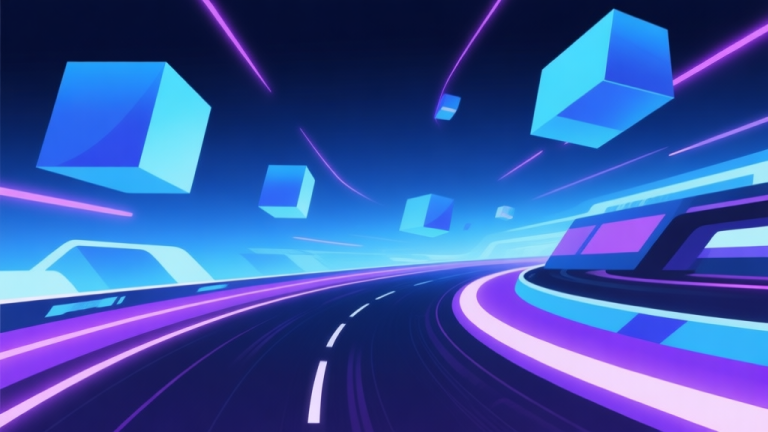 自动生成图片: Abstract futuristic racing track with floating geometric shapes, blue and purple neon glow, clean minimal design, digital speed concept illustration high quality illustration, detailed, 16:9