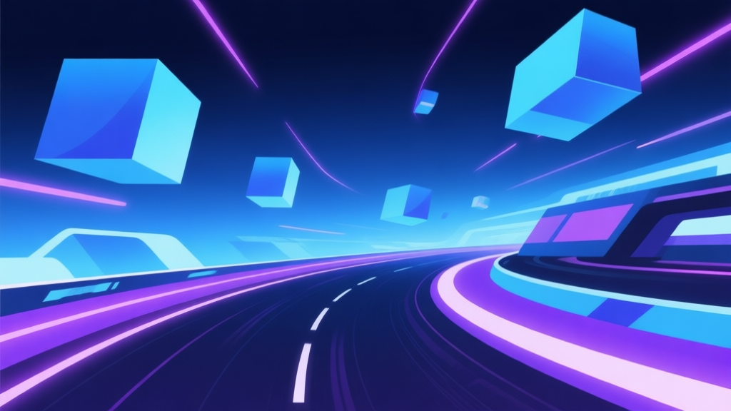 Abstract futuristic racing track with floating geometric shapes, blue and purple neon glow, clean minimal design, digital speed concept illustration high quality illustration, detailed, 16:9