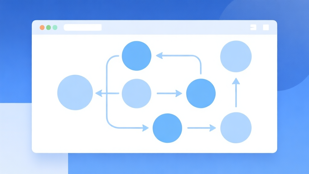Simple flowchart illustration with connected circles and arrows, light blue and white color scheme, clean minimal design, business presentation style high quality illustration, detailed, 16:9