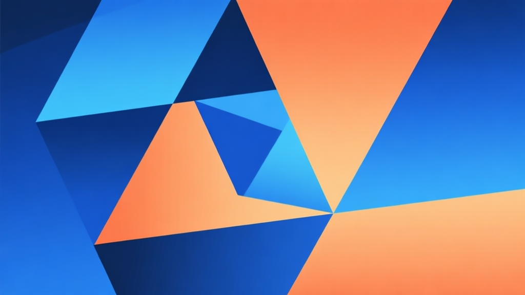 Abstract geometric composition with overlapping shapes in blue and orange gradients, clean minimal style, representing challenge and opportunity, professional game concept illustration high quality illustration, detailed, 16:9