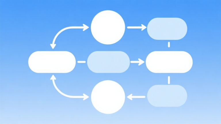 自动生成图片: Simple flowchart illustration with connected circles and arrows, light blue and white color scheme, clean minimal design, business presentation style high quality illustration, detailed, 16:9