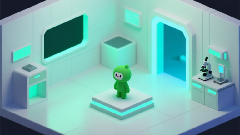 自动生成图片: A minimalist isometric view of a clean, futuristic laboratory room with a small green character standing on a platform, soft green and blue lighting, geometric shapes for obstacles, clean lines, digital art style high quality illustration, detailed, 16:9