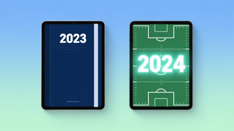 自动生成图片: Side-by-side comparison of two abstract American football playbooks on tablets, one labeled 2023 and the other 2024, with glowing elements on the newer one, minimalist design, soft blue and green gradient background high quality illustration, detailed, 16:9
