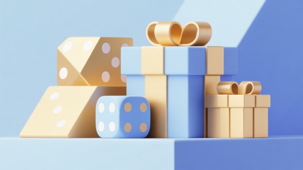 Abstract geometric composition with overlapping shapes like dice and gift boxes, soft gold and blue pastel colors, modern minimal style, gaming reward concept illustration high quality illustration, detailed, 16:9