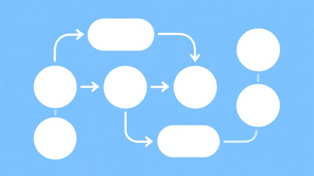 Simple flowchart illustration with connected circles and arrows, light blue and white color scheme, clean minimal design, business presentation style high quality illustration, detailed, 16:9