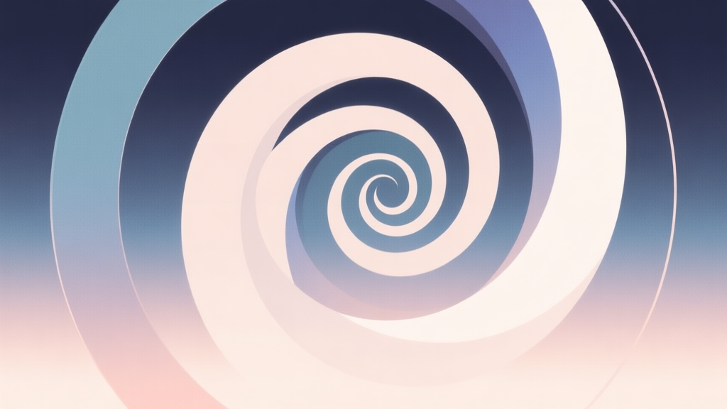 Abstract geometric composition with overlapping circles and spirals, representing cycles and rebirth, soft mystical color palette, clean minimal style, digital game concept illustration high quality illustration, detailed, 16:9