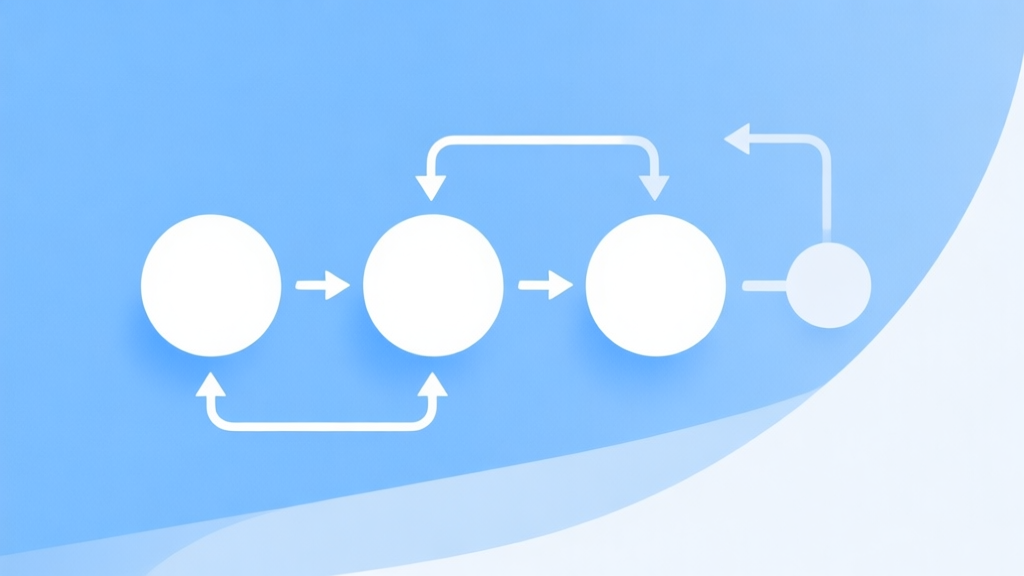 Simple flowchart illustration with connected circles and arrows, light blue and white color scheme, clean minimal design, business presentation style high quality illustration, detailed, 16:9