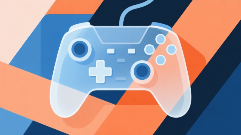 自动生成图片: Abstract geometric composition with overlapping layers, one transparent over a game controller, soft blue and orange color scheme, modern minimal style, professional gaming concept illustration high quality illustration, detailed, 16:9
