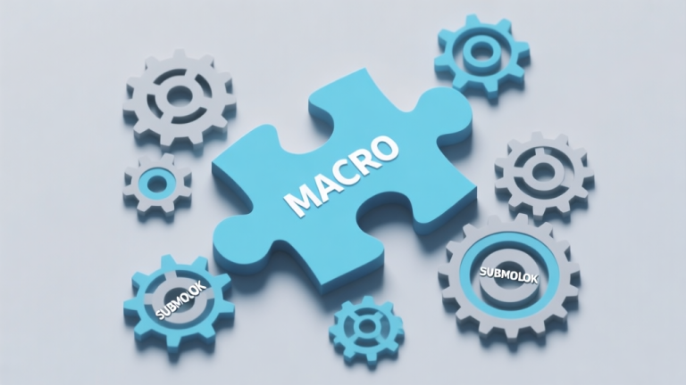 自动生成图片: Abstract geometric composition showing a large puzzle piece labeled "MACRO" connected to several smaller, intricate inner gears labeled "SUBMOLOK", soft blue and grey color scheme, clean minimal design, professional gaming concept illustration high quality illustration, detailed, 16:9