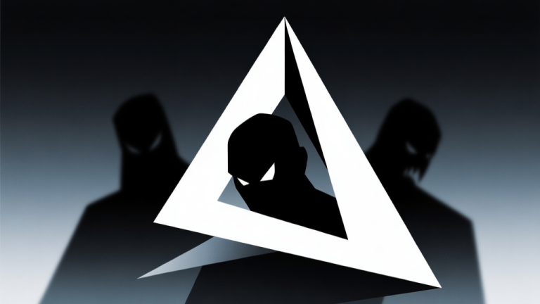 自动生成图片: Abstract geometric composition of sharp, overlapping triangles and shadowy silhouettes against a dark gradient background, conveying tension, danger, and hidden threats, minimalist style high quality illustration, detailed, 16:9