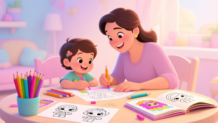 自动生成图片: A joyful scene of a parent and child crafting together at a table, surrounded by colorful pencils, printed Shopkins character outlines, and a homemade coloring book, soft pastel lighting, cozy atmosphere high quality illustration, detailed, 16:9