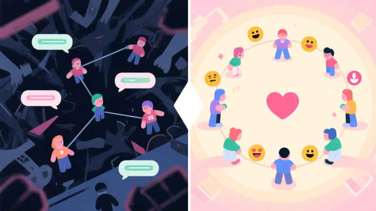 自动生成图片: A split-screen illustration showing contrast in multiplayer gaming. Left side: dark, chaotic scene with disconnected player avatars and negative chat bubbles. Right side: bright, harmonious scene with connected avatars in a circle, positive emojis, and a heart symbol in the center. Soft pastel color scheme. high quality illustration, detailed, 16:9