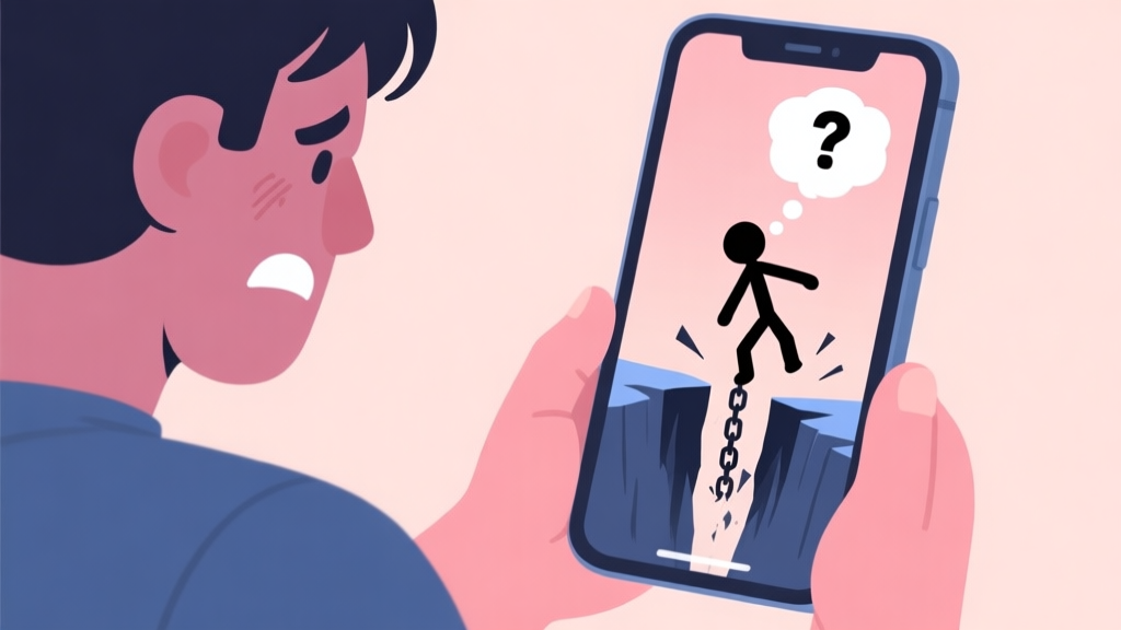 A frustrated gamer looking at a mobile phone screen showing a stickman character falling into an abyss, with a thought bubble containing question marks and a broken chain, in a soft pastel color palette high quality illustration, detailed, 16:9