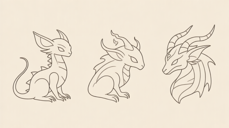 自动生成图片: A minimalist game character design sheet showing three different fantasy creatures, all drawn with a single continuous line, on a light beige background, clean and elegant high quality illustration, detailed, 16:9