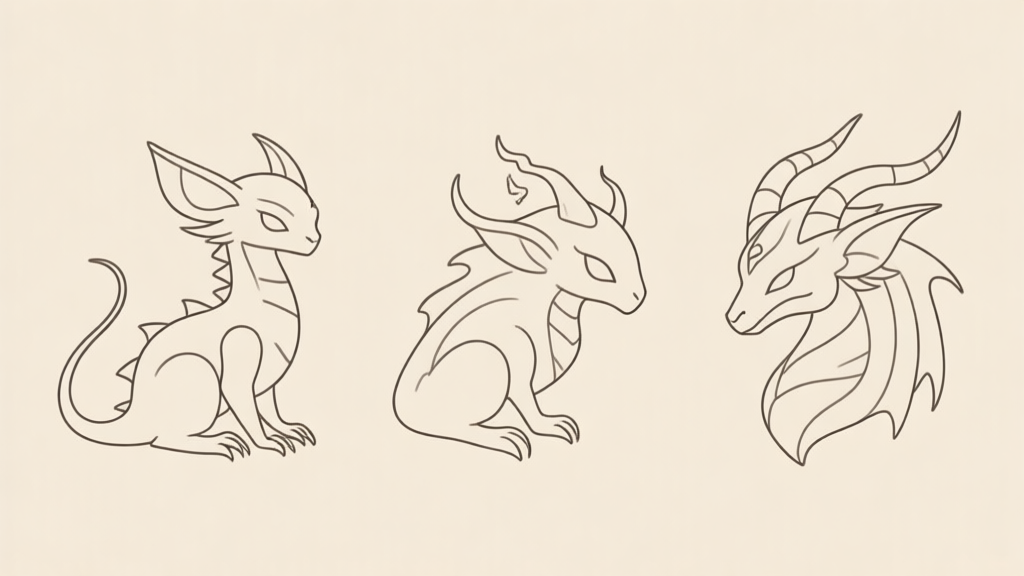 A minimalist game character design sheet showing three different fantasy creatures, all drawn with a single continuous line, on a light beige background, clean and elegant high quality illustration, detailed, 16:9