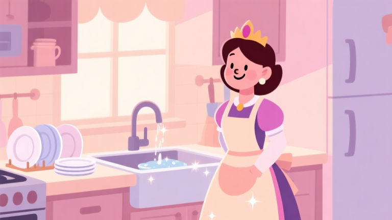 自动生成图片: A cozy, stylized kitchen scene in pastel colors, featuring a friendly queen character wearing an apron, standing in front of a sink with a few sparkling clean plates, soft lighting, flat illustration style high quality illustration, detailed, 16:9