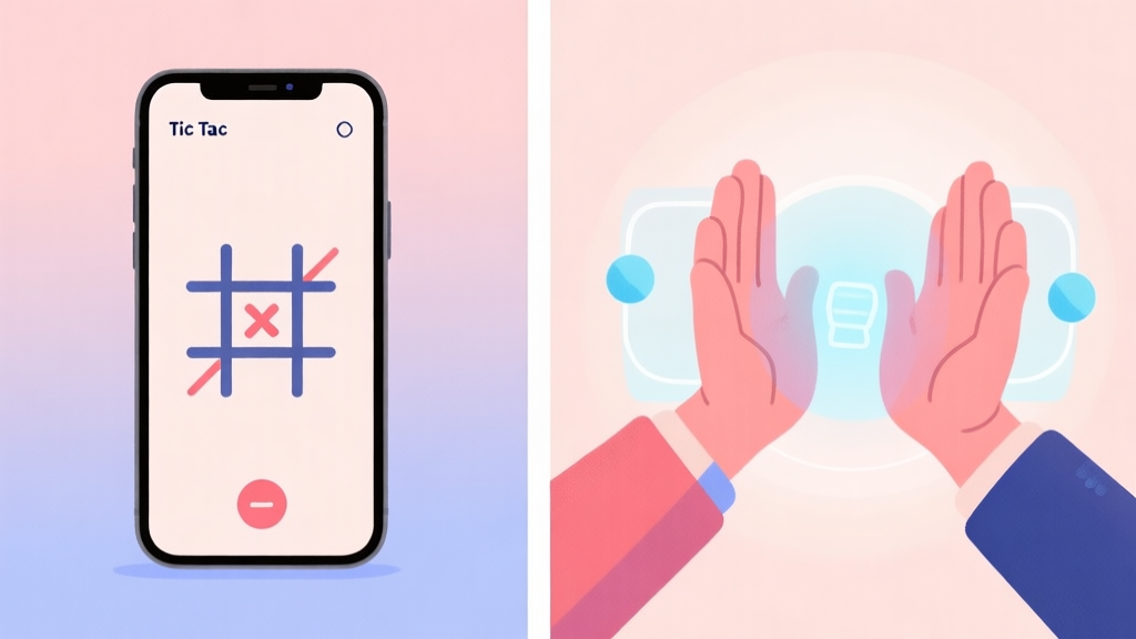 A split-screen illustration showing a smartphone on one side with a simple Tic Tac Toe game interface, and on the other side, two hands giving a virtual high-five, symbolizing social connection through gaming. Soft pastel background. high quality illustration, detailed, 16:9