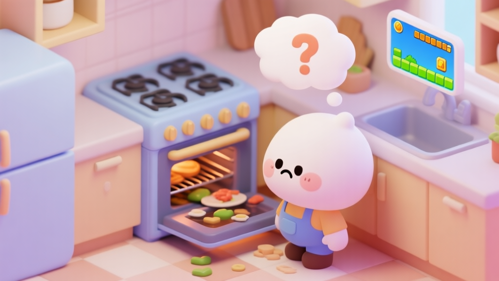 A cute, slightly frustrated cartoon character in a kitchen facing an overflowing oven, with a thought bubble showing a question mark and a game level screen, soft pastel colors, isometric view high quality illustration, detailed, 16:9