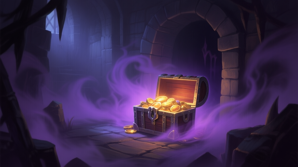A dark fantasy game scene showing a glowing treasure chest in a dungeon, with ominous purple mist swirling around it, soft lighting, painterly style, muted color palette high quality illustration, detailed, 16:9