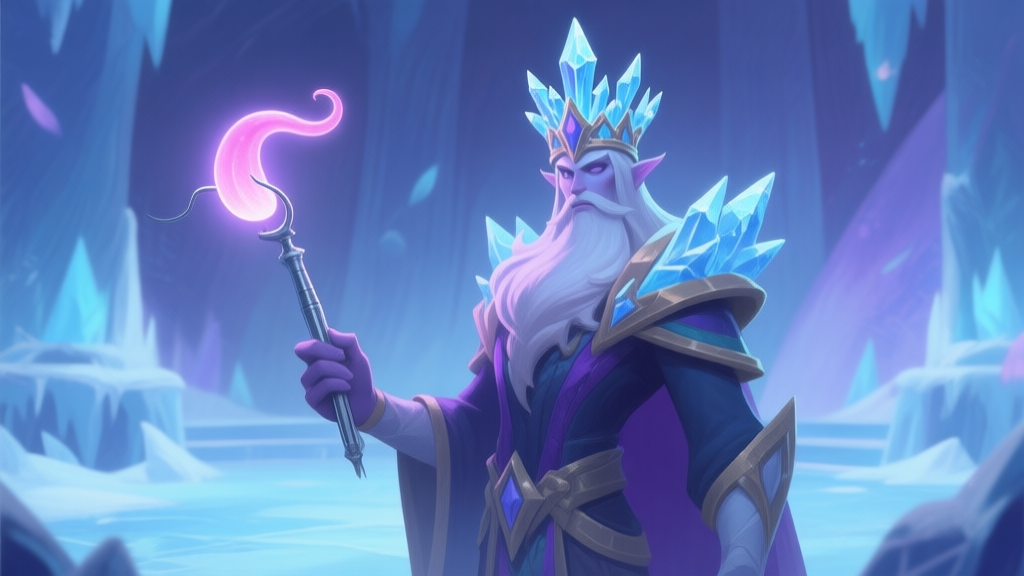 A stylized, majestic video game character with a crown of ice crystals, holding a glowing, tongue-shaped surgical tool, standing in a frosty magical arena, soft cool color palette of blues and purples high quality illustration, detailed, 16:9