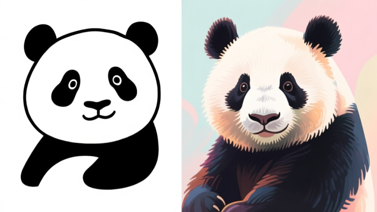 自动生成图片: A side-by-side comparison of a flat, amateurish digital panda coloring and a vibrant, lifelike one with texture and depth, soft pastel background, digital art style high quality illustration, detailed, 16:9