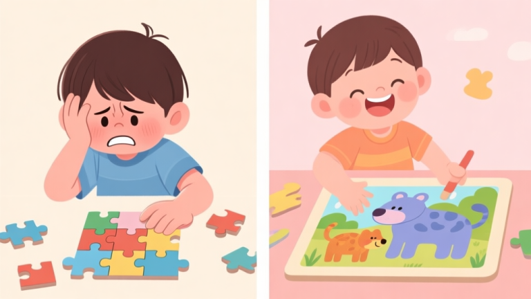 自动生成图片: A split-screen illustration showing a frustrated child with a too-difficult puzzle on one side, and a happy child successfully completing an age-appropriate animal puzzle on the other, in a soft pastel color palette high quality illustration, detailed, 16:9