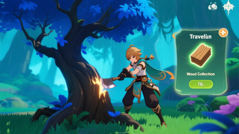 自动生成图片: Genshin Impact game screenshot style, a Traveler character chopping a distinctive dark wood tree with blueish leaves in the Sumeru rainforest, with a glowing wood collection prompt on screen, vibrant game colors high quality illustration, detailed, 16:9