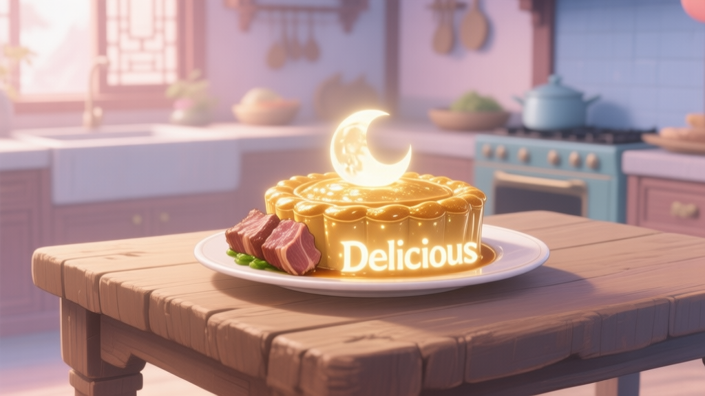 A beautifully crafted, glowing "Delicious" variant dish from Genshin Impact, like a golden Tianshu Meat or a shimmering Moon Pie, placed on a rustic wooden table in a serene Liyue-style kitchen, soft lighting, pastel color palette high quality illustration, detailed, 16:9